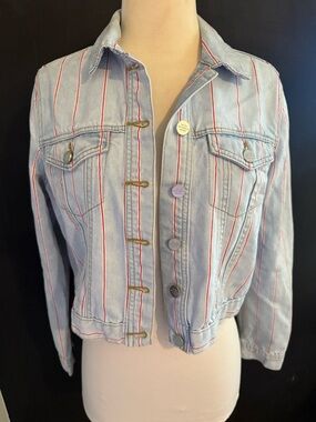 For The Republic Light Blue Denim Jacket with Red Stripe Detail